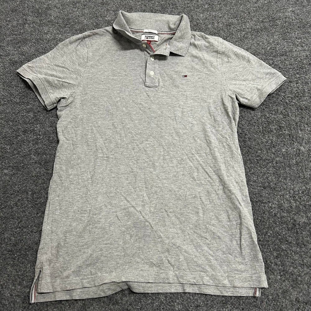 Tommy Jeans Polo Mens XL Grey Slim Fit Cotton Short Sleeve Casual Classic Logo